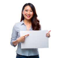 A woman is holding a white sign and pointing to it png