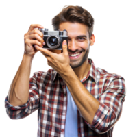 A man in a plaid shirt smiles while holding a vintage camera png