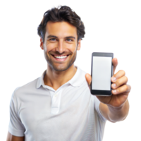 homme souriant, en portant une téléphone intelligent avec une Vide écran png