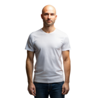 Careca homem vestindo uma branco camiseta carrinhos com confiança com uma transparente fundo png