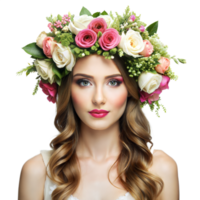 en kvinna bär en blomma krona med rosa och vit blommor png