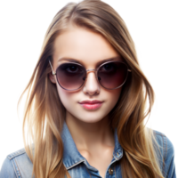 A blonde woman wearing sunglasses and a blue shirt png