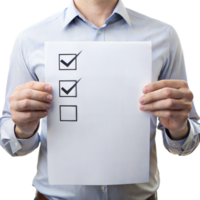 A man wearing a striped shirt holds a checklist with two items checked png