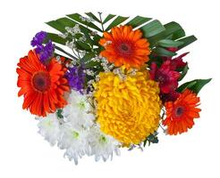 Bouquet of flowers from red gerberas and chrysanthemums isolated on a white background photo
