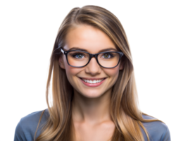 joven mujer vistiendo lentes y sonriente, con largo rubia pelo png