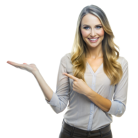 en kvinna i företag Kläder ler och poäng, presenter med henne öppen hand png