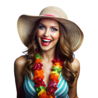 A cheerful woman, wearing a colorful lei and straw hat, enjoys a summer festival png