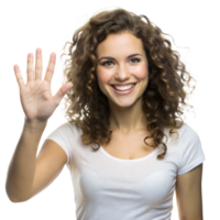 A cheerful young woman with curly hair waves her hand, smiling in a casual white shirt png