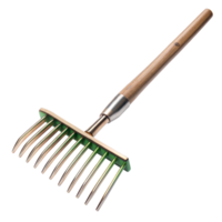 Wooden-handled metal rake shown on a transparent background, ideal for raking leaves or soil png