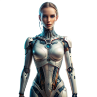 A highly detailed female android with an advanced, sleek design stands confidently png