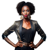 Woman in a textured blazer, wearing bold earrings, poses confidently with hands on hips png