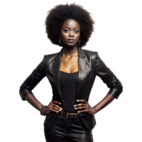 ein zuversichtlich Frau mit ein afro Frisur steht mit Hände auf Hüften, gekleidet im ein stilvoll schwarz Leder Jacke png
