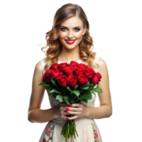 A cheerful woman holds a vibrant bouquet of red roses, showcasing happiness and elegance indoors png