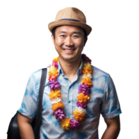 A cheerful asian man is smiling while wearing a Hawaiian shirt, a straw hat, and a floral lei, holding a bag over his shoulder png