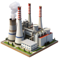 A modern power plant features red and white striped chimneys, with smoke billowing from one, within an industrial complex png