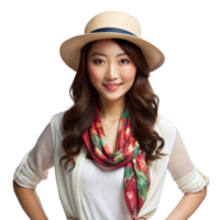 A cheerful woman wearing a straw hat and floral scarf stands confidently with her hands on her hips png
