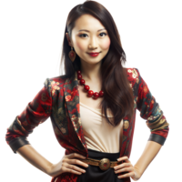 Confident woman wearing a floral jacket and red necklace, standing with hands on hips, smiling png