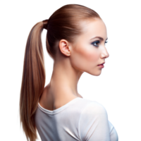 Side profile of a woman with slicked-back ponytail and light makeup, facing right png
