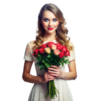 A smiling woman in a white dress holds a bouquet of red and pink roses png