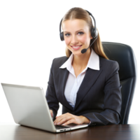 Smiling woman in a suit with a headset, using a laptop at her desk in a modern office setting png