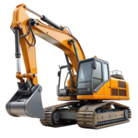 Bright yellow excavator on tracks, ready for heavy-duty digging at a construction site during the daytime png