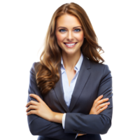 A confident businesswoman in a suit smiles with arms crossed, ready for success png
