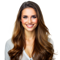 Portrait of a smiling woman with long brown hair in a white shirt png