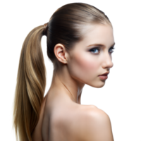 Young woman with blonde hair in a sleek ponytail poses confidently and gazes over her shoulder png