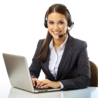 A cheerful businesswoman in a suit assists clients over a headset while using a laptop png