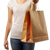 A woman in a white shirt and jeans holding brown shopping bags png