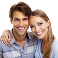 A happy young couple smiles warmly, posing closely, showcasing joyful expressions png