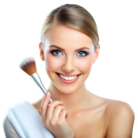 A young woman with blue eyes and blonde hair smiles while holding a makeup brush, ready to apply cosmetics png