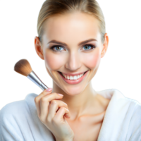 A cheerful woman in a white robe holds a makeup brush png