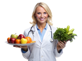 A cheerful female doctor holds a plate of fruits and greens, promoting healthy eating habits with a confident smile png