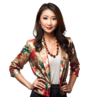 A professional woman with a floral blazer and statement necklace poses confidently png