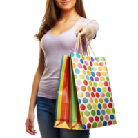 Woman in casual outfit holding vibrant, multi-colored shopping bags png