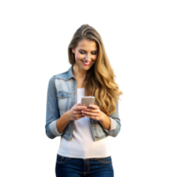 leende ung kvinna använder sig av henne smartphone png