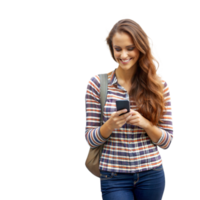 A cheerful woman in a plaid shirt is looking down at her smartphone and smiling png