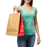 A woman in a green top and jeans holding shopping bags, smiling png