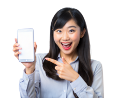 Woman in business attire, smiling and pointing at a blank smartphone screen with excitement png