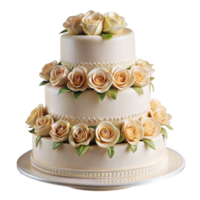 Three-tier wedding cake with cream roses and green leaves, ready for a celebration png