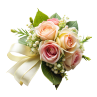 A beautiful bouquet with pink and white roses, babys breath, and a cream ribbon on a transparent background png