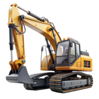 A yellow excavator with a visible articulated arm stands on flat ground, ready for construction work png