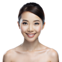 Woman smiling with clear skin, perfect makeup, hair tied back. Transparent background for design use png