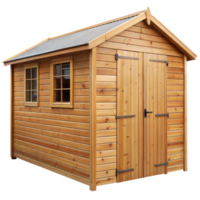 uma espaçoso de madeira galpão com ampla Duplo portas e janelas, perfeito para jardim armazenamento png