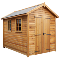 A spacious wooden shed with large double doors and windows, perfect for garden storage png