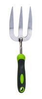 Small garden tool - steel planting fork with green handle isolated on a white background photo