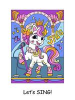 Cute unicorn pop star singer and lettering sing illustration vector