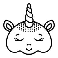 Sleeping unicorn muzzle, fabulous animal head, black line icon, editable stroke illustration, pixel perfect monochrome sign vector