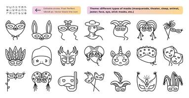 Masquerade masks black line icon set, 21 monochrome signs for carnivals and festivals 48x48 px editable stroke, pixel perfect and 480x480 px symbols not editable stroke vector